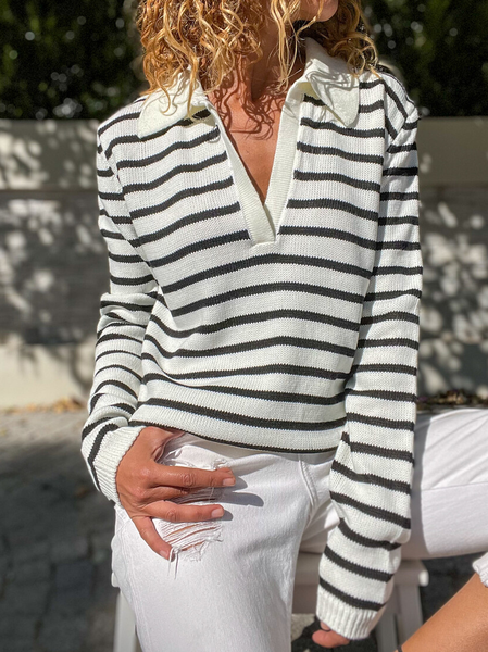 

Casual Striped Shawl Collar Wool/Knitting Sweater, White, Sweaters