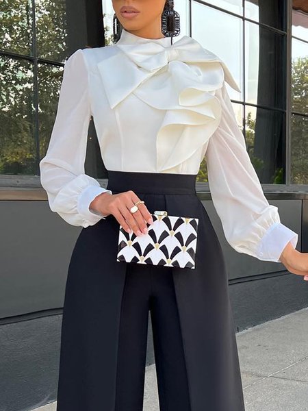 

Elegant Plain Long Sleeve Regular Fit Blouse, White, Blouses and Shirts