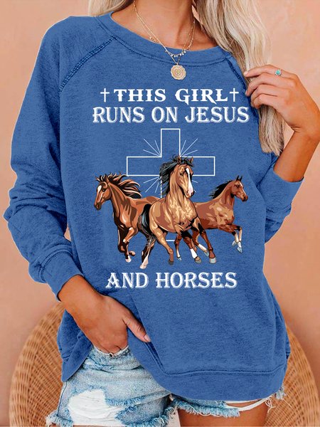 

Women‘s This Girl Runs On Jesus And Horses Loose Simple Sweatshirt, Blue, Hoodies&Sweatshirts