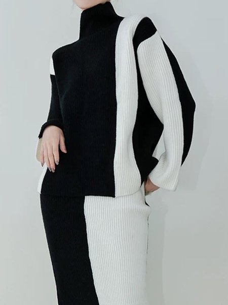

Urban Loosen Color Block Long Sleeve Sweater, Black-white, Pullovers