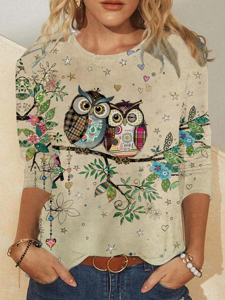 

Women's Funny Couple Owls Print Casual Top, As picture, Long sleeves