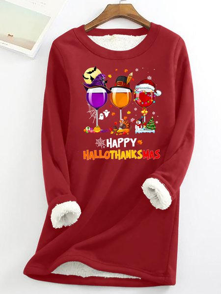 

Women's Happy Hallothankmas Three Red Wine Glasses Merry Christmas Funny Graphic Print Warmth Fleece Sweatshirt Loose Christmas Crew Neck Casual Sweatshirt, Hoodies&Sweatshirts