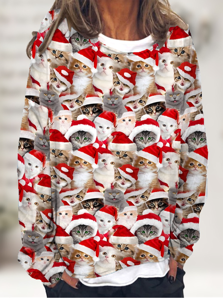 

Women's Christmas Cat Funny Print Crew Neck Loose Casual Christmas Sweatshirt, As picture, Hoodies&Sweatshirts
