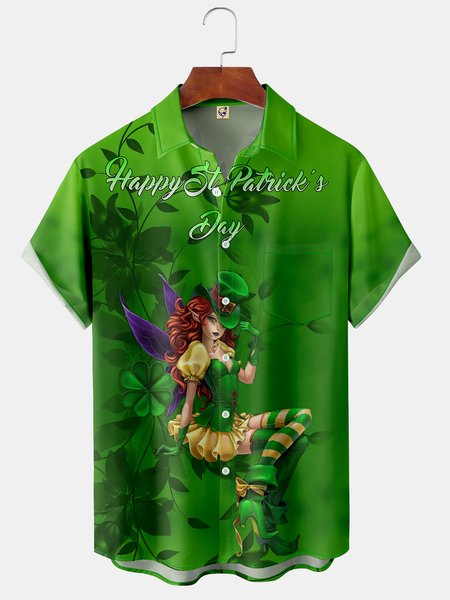 

St. Patrick's Day Chest Pocket Short Sleeve Shirt, Green, Men Shirts