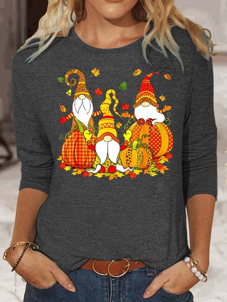 

Women‘s Leopard Pumpkin Print Plaid Gnomes Fall Autumn Thanksgiving Casual Top, Gray, Long sleeves