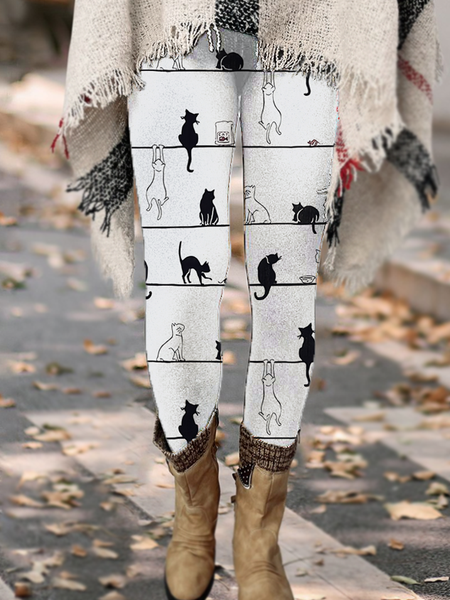

Women's Regular Fit Notes Black Cat Simple Leggings, White, Leggings