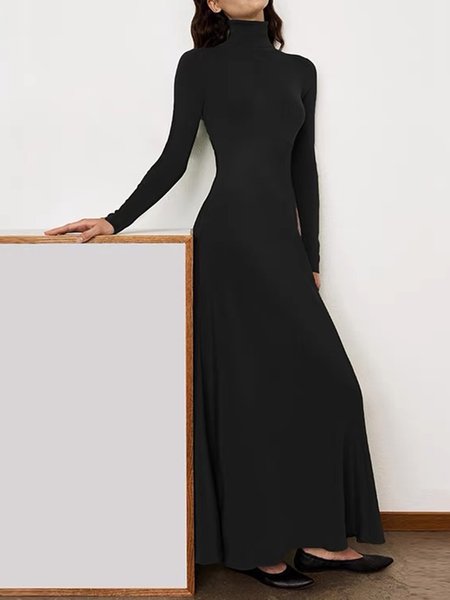 

Simple Turtleneck Plain Long Sleeve Dress, Black, Maxi Dresses
