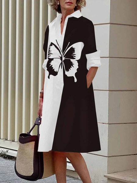

Shirt Collar Regular Fit Color Block Urban Dress, Black, Mini Dresses