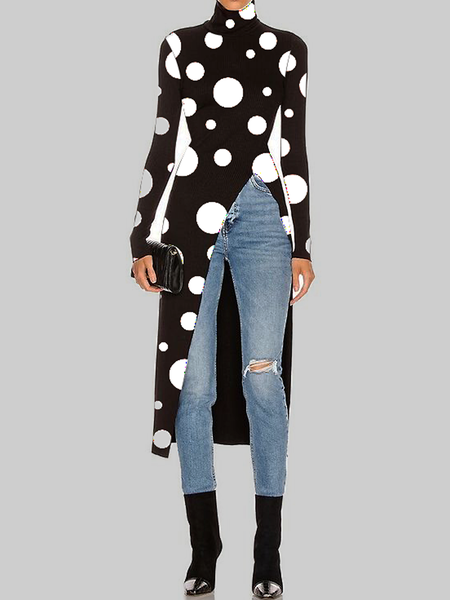 

High Elasticity Urban Turtleneck Long sleeve Polka Dots Tight Mid-long Top, Black, Linen Tops