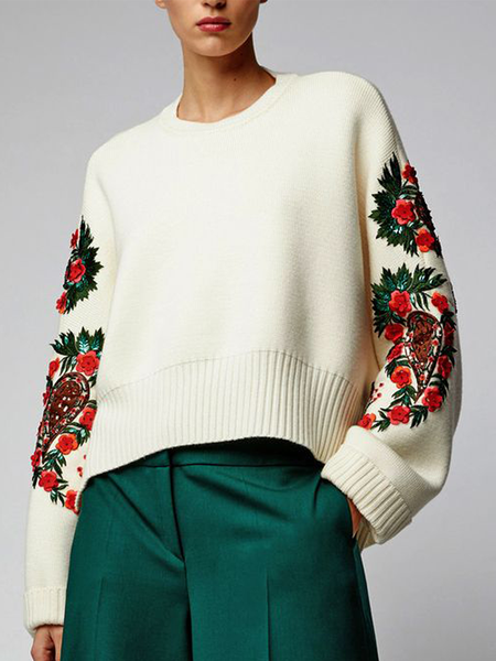 

Crew Neck Plain Elegant Wool/Knitting Sweater, White, Pullovers