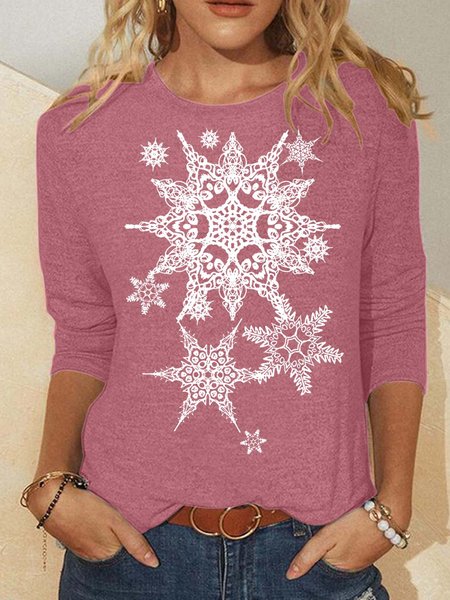 

Women’s Snowflake Merry Christmas Cotton-Blend Casual Christmas Top, Red, Long sleeves