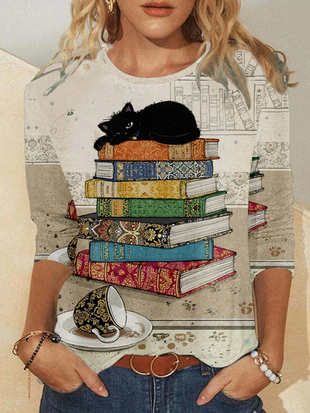 

Women's Balck Cat Book Coffee Vintage Print Casual Top, As picture, Long sleeves