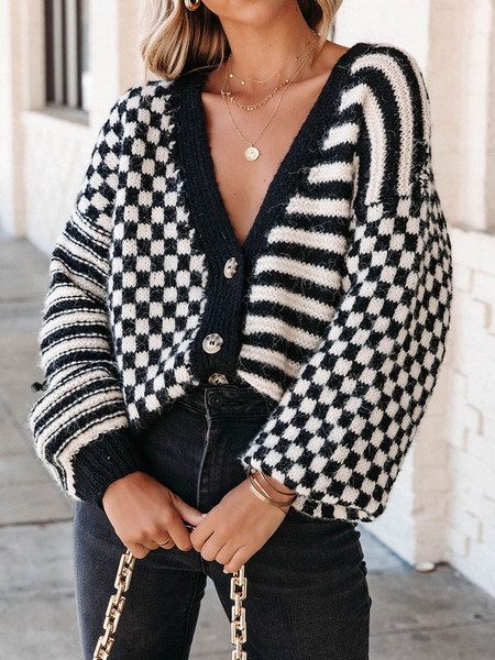 

Loose V neck Long sleeve Urban Sweater Coat, Black, Cardigans
