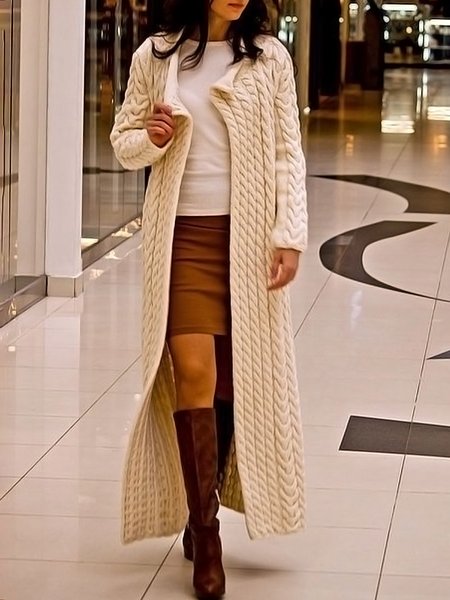 

Casual Loose Plain Long sleeve Sweater Coat, Beige, Cardigans