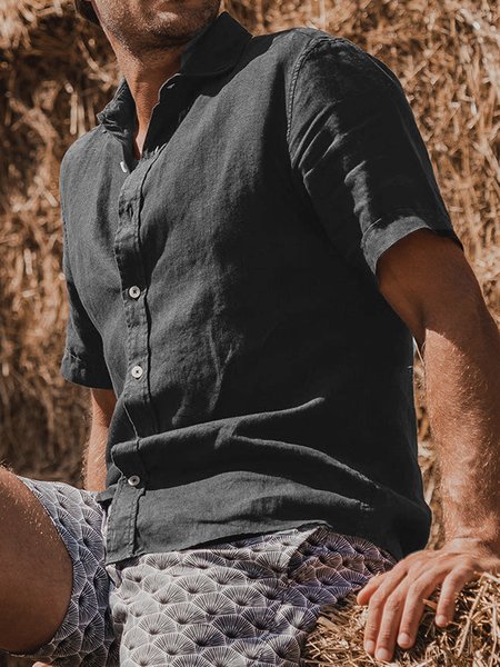 

Cotton And Linen Short Sleeve Shirt, Black, Men Shirts