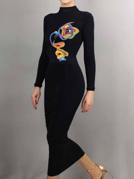 

Half Turtleneck Urban Abstract Regular Fit Dress, Black, Midi Dresses