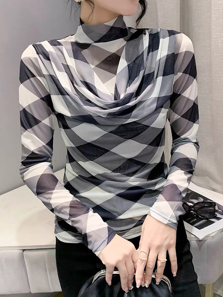 

High Elasticity Regular Fit Urban Stand Collar Long sleeve Plaid T-Shirt, Black, Tops