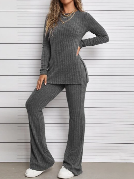 

Crew Neck Plain Casual Regular Fit Two-Piece Set, Gray, Suit Set