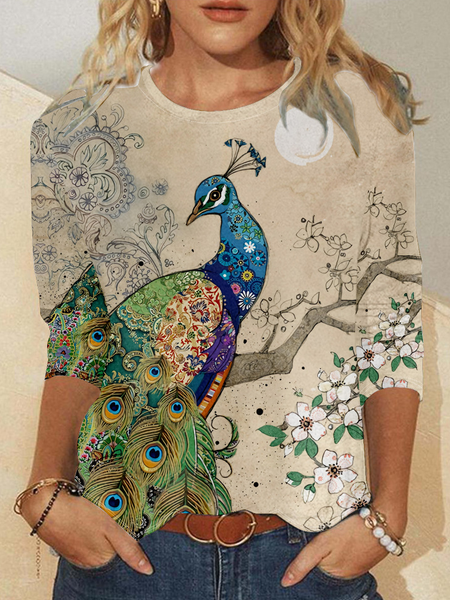 

Women's Beautiful Peacock Print Crew Neck Top, As picture, Long sleeves