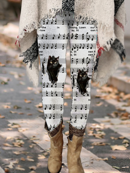 

Women's Regular Fit Notes Black Cat Simple Leggings, Leggings