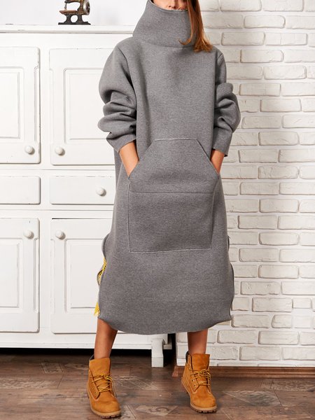 

Long sleeve Plain Loose Casual Turtleneck Dress, Gray, Maxi Dresses