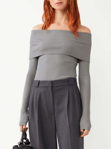 

Plain Regular Fit Cold Shoulder Elegant Sweater, Gray, Pullovers