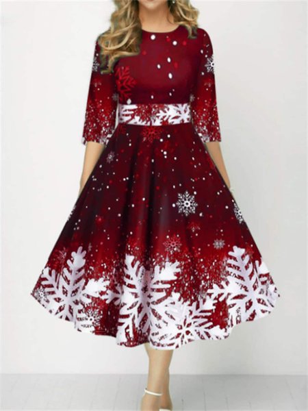 

Crew Neck Casual Christmas Regular Fit Dress, Wine red, Midi Dresses