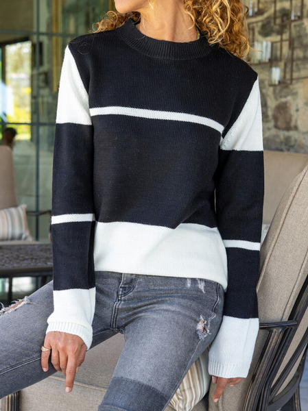 

Crew Neck Loose Casual Color Block Sweater, Black, Sweaters