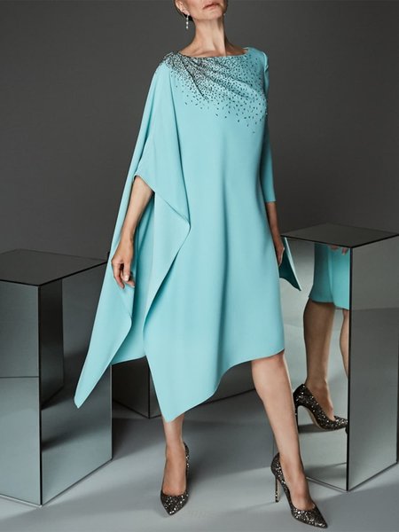 

Long sleeve Crew Neck Plain Elegant Dress, Blue, Midi Dresses