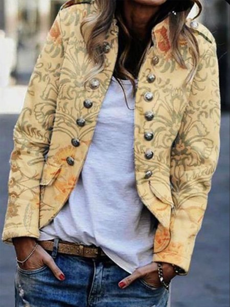 

Gold Double Breasted Vintage Stand Collar Jacket, Yellow, Jackets