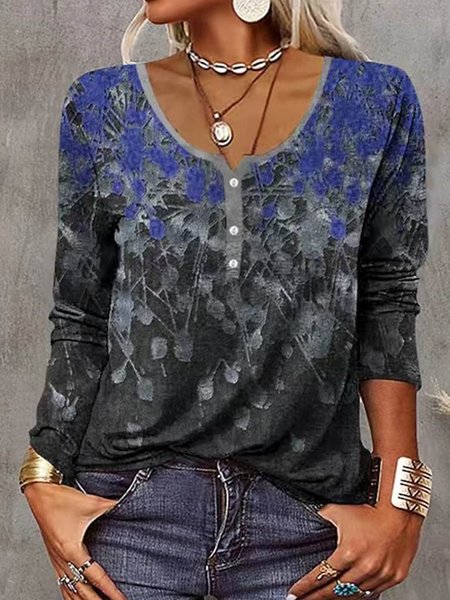 

V Neck Casual Buckle Loose Blouse, Blue, T-shirts