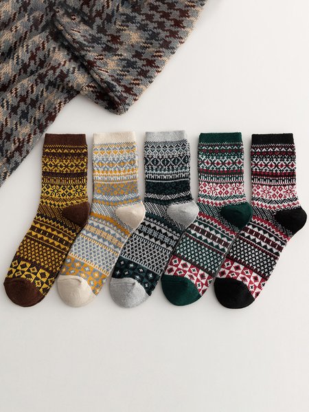 

5Pcs Retro Ethnic Pattern Striped Wool Socks Set, Multicolor, Socks