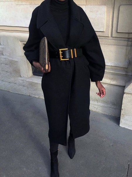 

Loose Simple Lapel Collar Plain Overcoat, Black, Coats