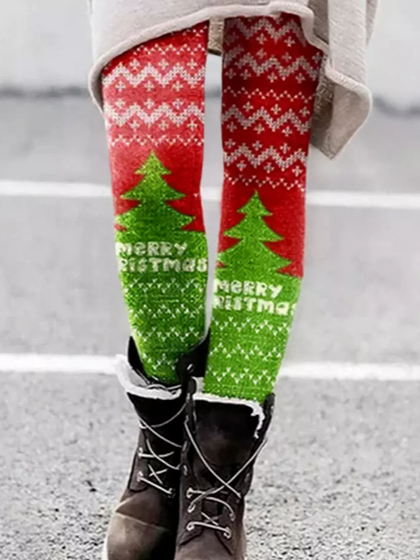 

Cotton-Blend Christmas Casual Regular Fit Leggings, Red, Leggings