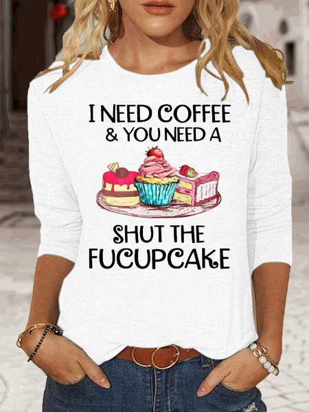 Women‘s Funny Letter Crew Neck Casual Top, White, Long sleeves