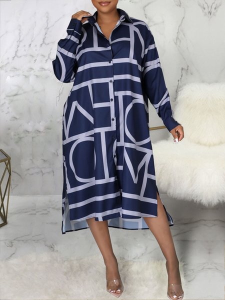 

Text Letters Print Loose Shirt Collar Dress, Blue, Midi Dresses