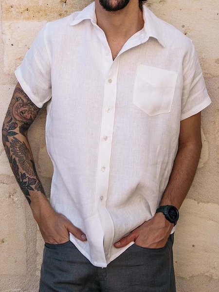 

Cotton And Linen Chest Pocket Short Sleeve Shirt, White, Men Shirts