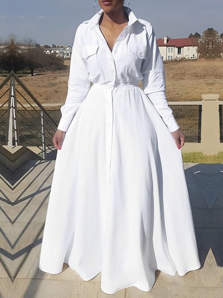 

Elegant Simple Plain Pockets Shirt Dress, White, Maxi Dresses