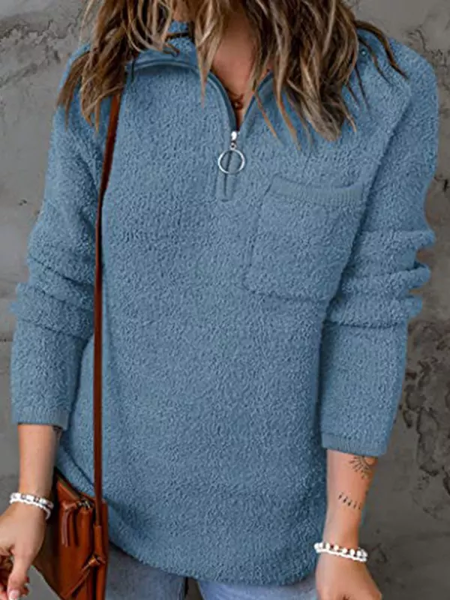 

Plain Fluff/Granular Fleece Fabric Zipper Casual Regular Fit Sweatshirt, Blue, Sweatshirts & Hoodies