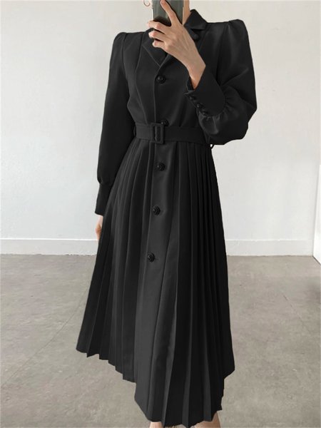 

Regular Fit Plain Lapel Collar Urban Long Sleeve Midi Dress, Black, Midi Dresses