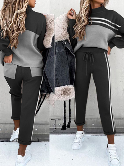 

Casual Geometric Crew Neck Loose Two-Piece Set, Black-grey, Suit Set