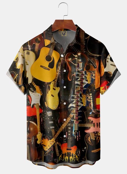 

Guitar Chest Pocket Short Sleeve Casual Shirt, Black, Men Shirts