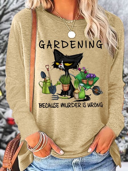 

Women's Funny Gardening Grumpy Cat Print Casual Crew Neck Top, Apricot, Long sleeves