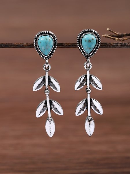 

Boho Ethnic Silver Turquoise Leaf Fringe Earrings Casual Everyday Commuter Jewelry, Rings