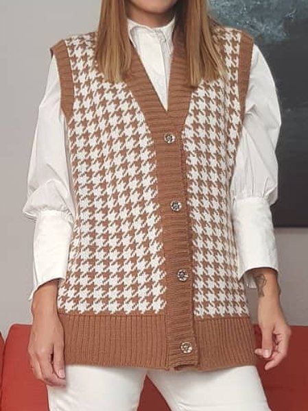 

Loose Casual Wool/Knitting Houndstooth Vest, Light coffee, Vests & Gilets