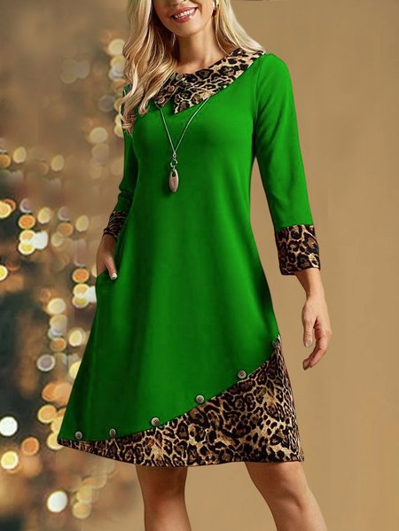 

Christmas Urban Color Block Leopard Shawl Collar Loose Midi Dress, Green, Dresses