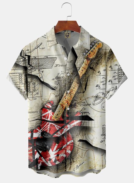 

Crack Guitar Chest Pocket Short Sleeve Casual Shirt, Off white, Men Shirts