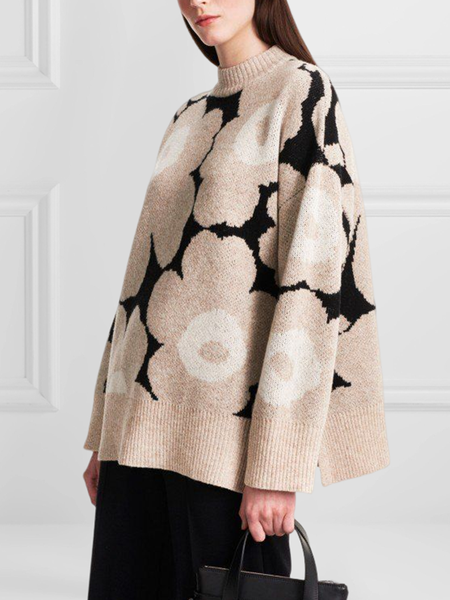 

Crew Neck Wool/Knitting Floral Sweater, Khaki, Pullovers