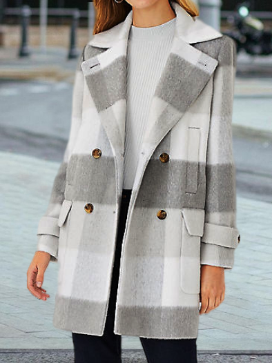 

Plaid Woolen Casual Overcoat, Light gray, Trench Coats