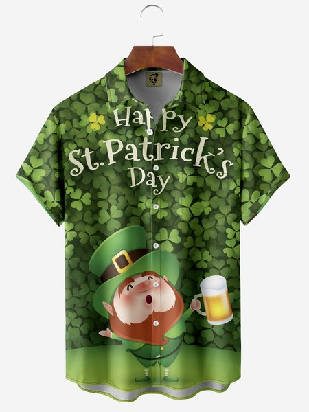 

St Patricks Day Chest Pocket Short Sleeve Casual Shirt, Green, Men Shirts